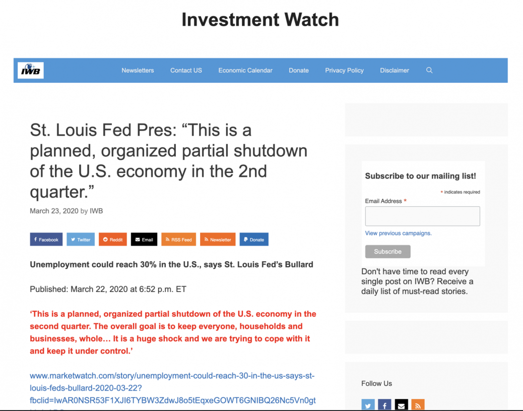 St. Louis Fed Pres: “This is a planned, organized partial shutdown of the U.S. economy in the 2nd quarter.” – Investment Watch.